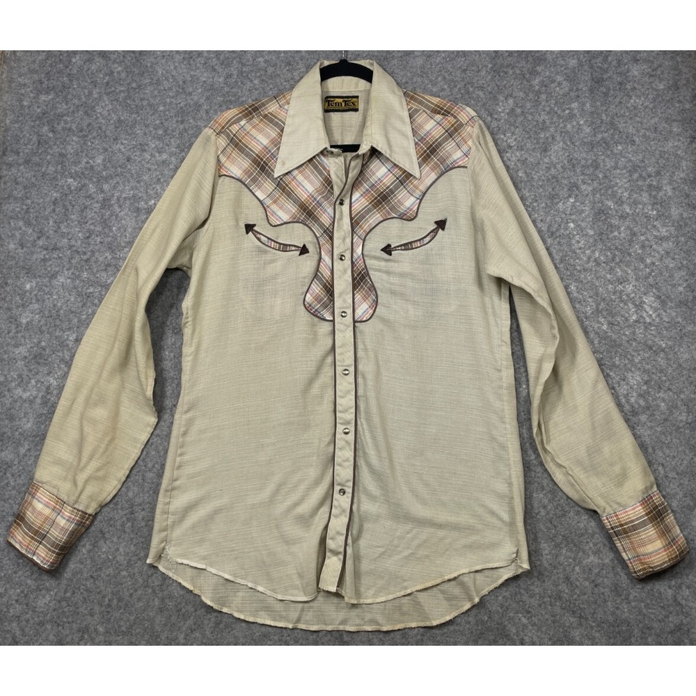 Vintage 70s Tem Tex Western Shirt Beige Tan 16 36 Pearl Snap